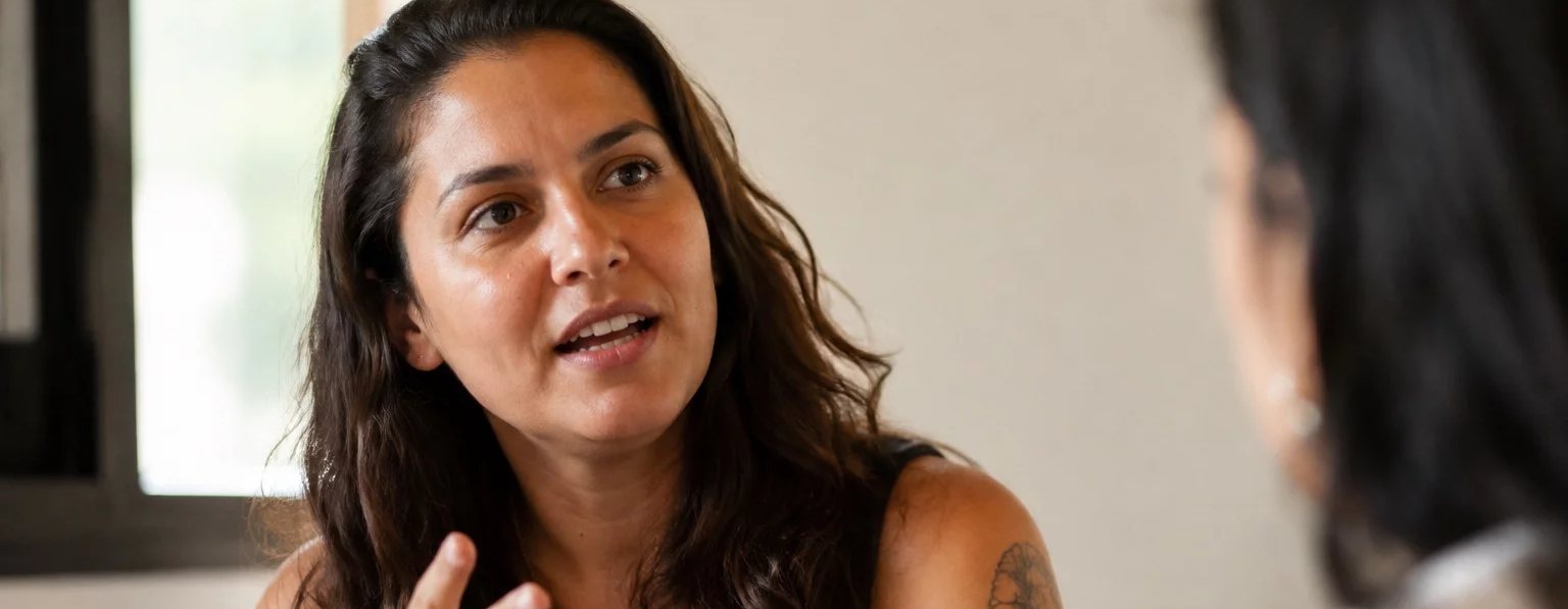 Uma pessoa gesticulando no meio de uma frase, com quem escuta em segundo plano